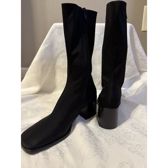 JEFFREY CAMPBELL 7 Black Block Heel Boot Bootie Stretch Mid Calf NEW - Picture 4 of 16